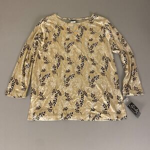 Slinky Brand Leaf Print Top 3/4 Sleeve Lightweight Blouse Tan‎ Large New NWT